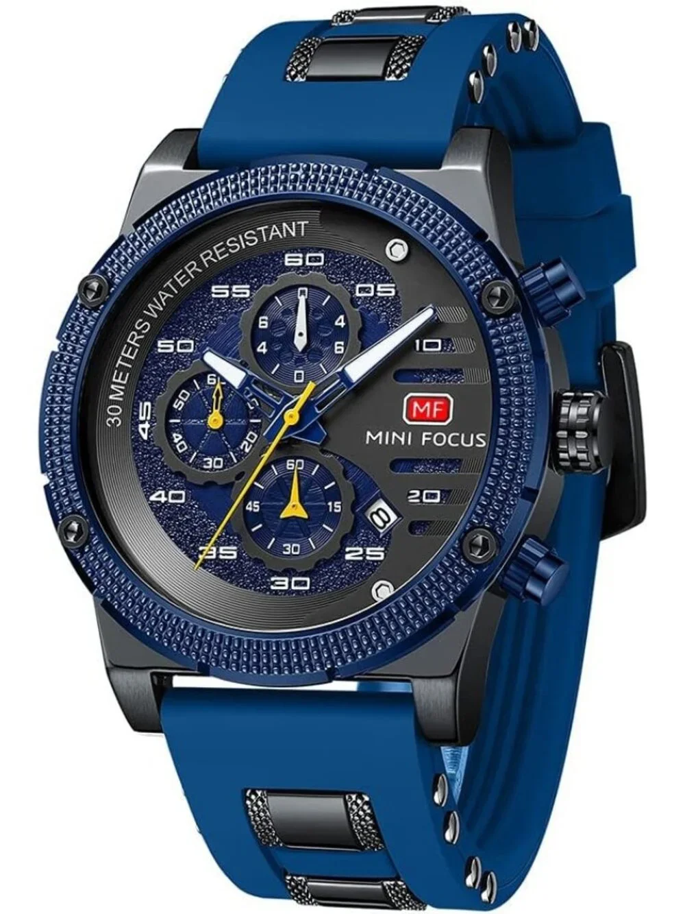 Men's Black Blue Chronograph Waterproof Sport Military Analog Quartz Wristwatch